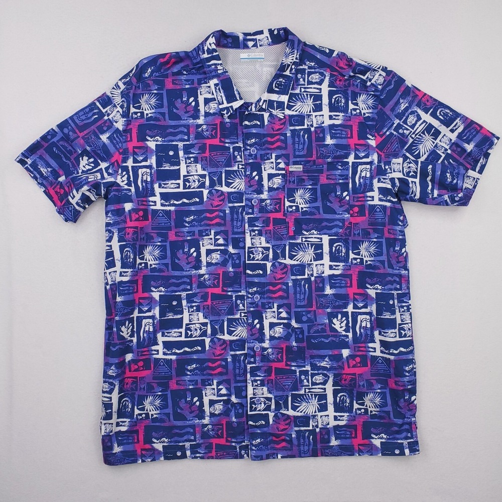 Columbia Shirt Mens Extra Large Purple Pink PFG Abstract Fish All‎ Over Vented
